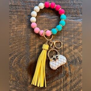 Silicone Bead Bag Charm Bracelet Keychain Yellow Faux Leather Tassel